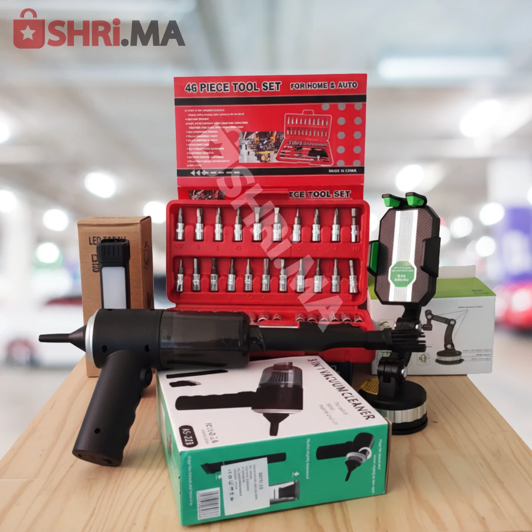 باك العناية السريعة بالسيارة – أدوات، إضاءة، تنظيف وحامل هاتف في باك واحد